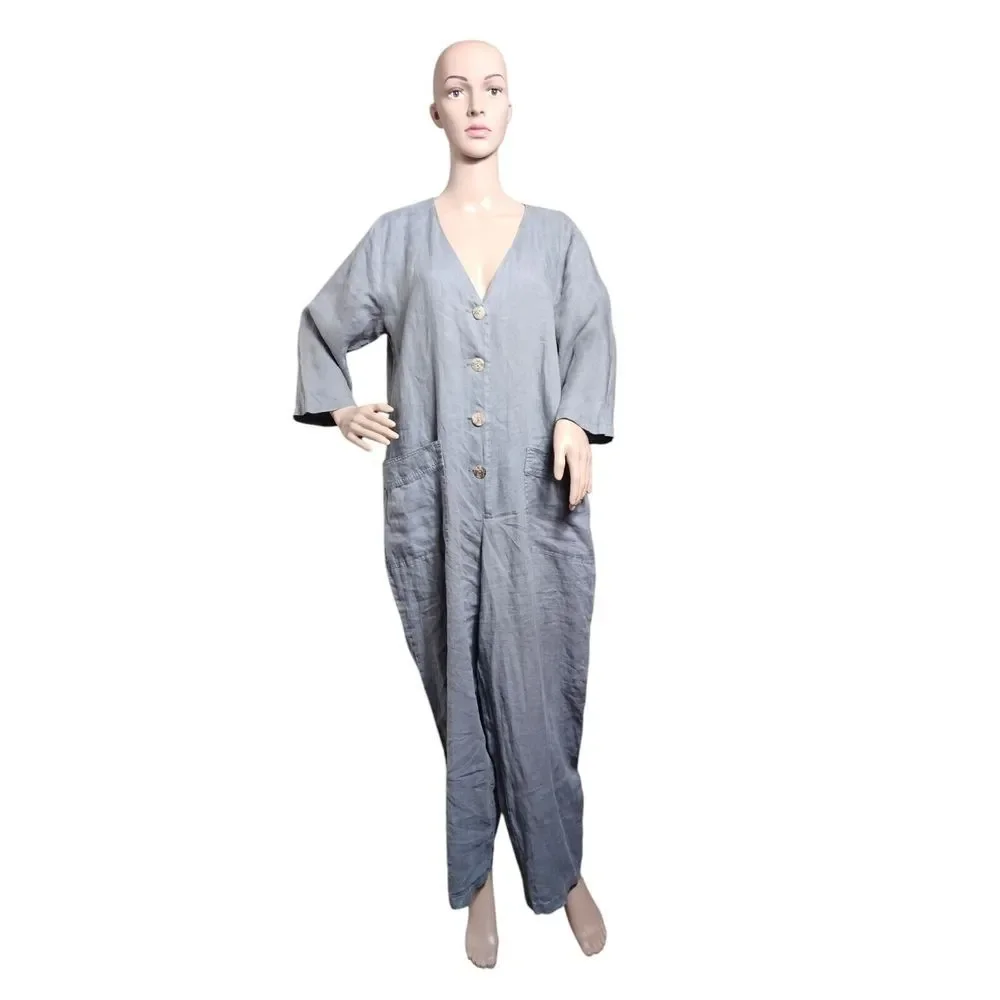 Zara Jumpsuit Women's Large Gray Linen‎ Long Boilersuit Minimalist Lagenlook